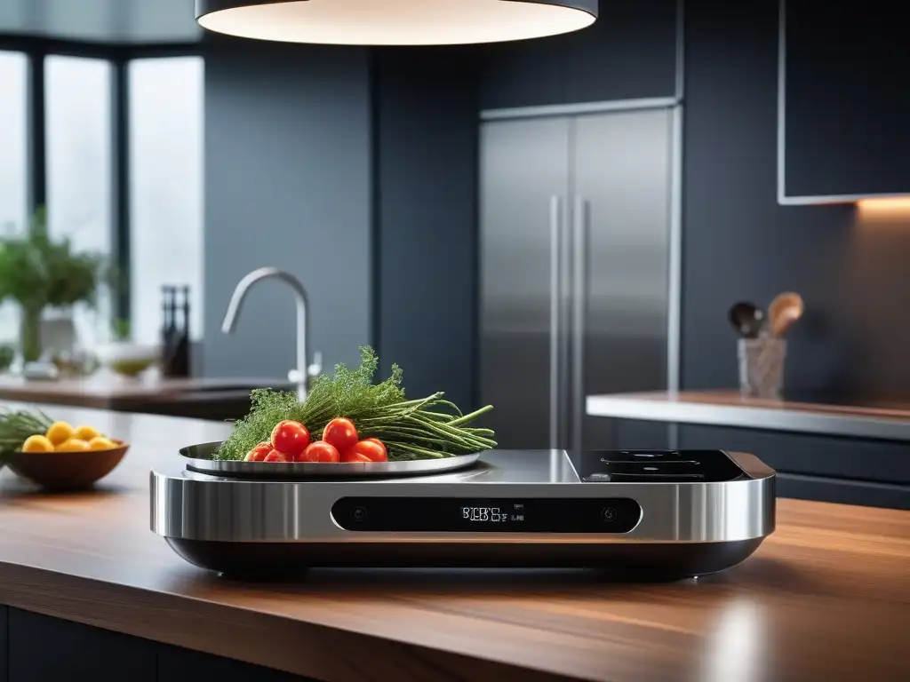 Cocina futurista con gadgets de alta tecnología en acero inoxidable Importancia gadgets cocina evolución: Cocina futurista con tecnología de vanguardia y elegancia culinaria en un ambiente minimalista