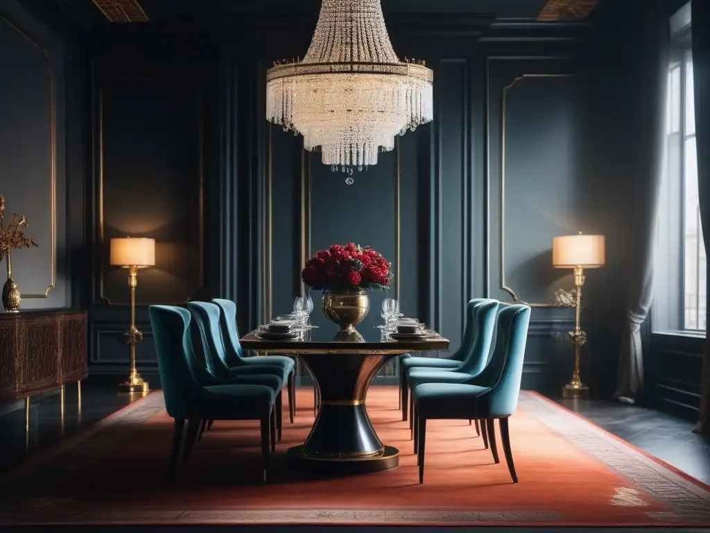 Chandelier de cristal en comedor de lujo contemporáneo Una impresionante lámpara de lujo ilumina un elegante comedor contemporáneo, creando un ambiente sofisticado y glamuroso