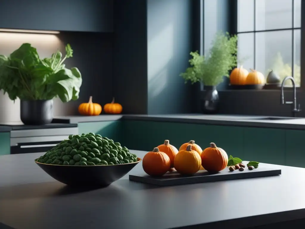 Encantadora cocina fitness con alimentos ricos en hierro, zinc y selenio Un impresionante mostrador de cocina moderno con frutas y verduras ricas en hierro, zinc y selenio