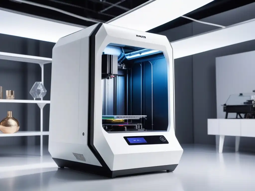 Innovación en la moda: Impresora 3D creando diseños vanguardistas Una impresora 3D futurista creando moda en un estudio luminoso