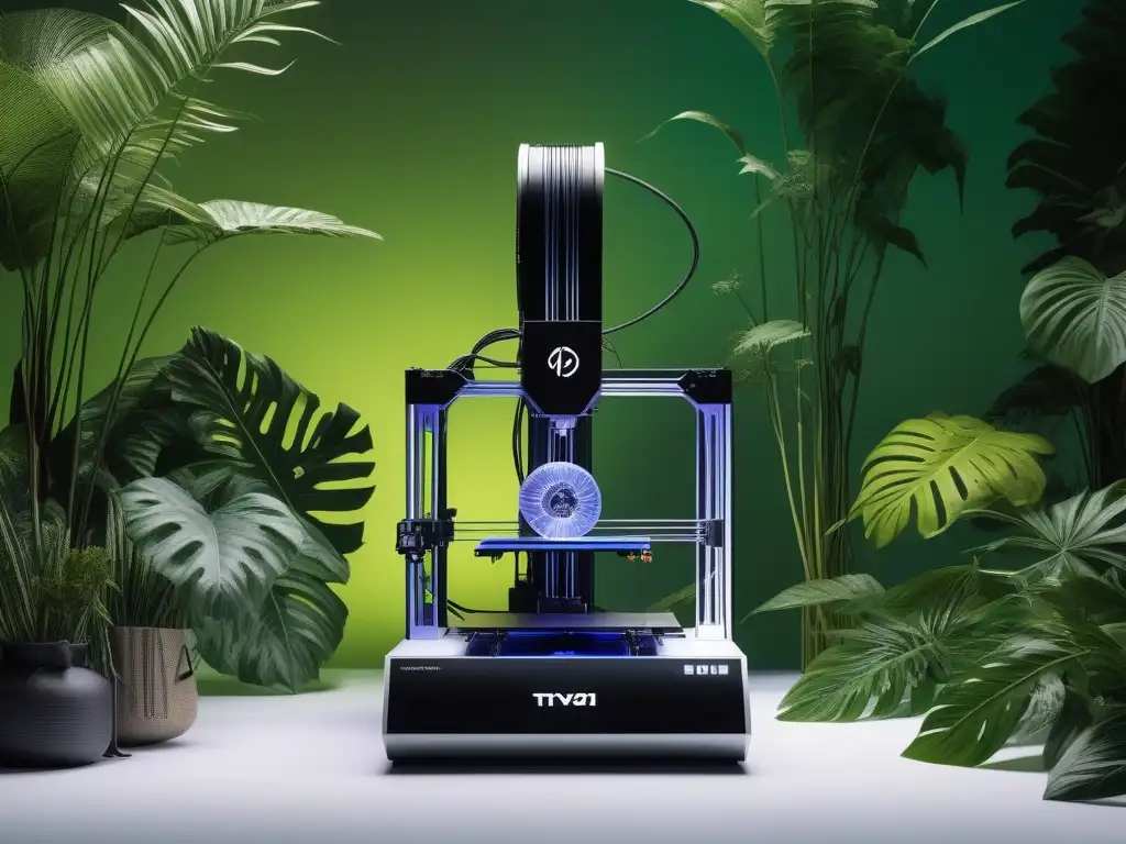 Moda sostenible: impresión 3D de diseño futurista Una impresora 3D futurista creando moda sostenible, rodeada de vegetación