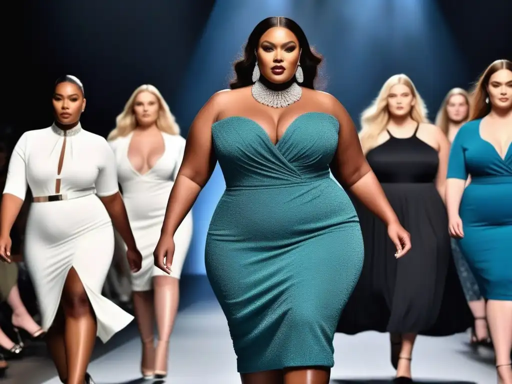 Desfile de moda plussize: belleza diversa en la pasarela Moda plus size inclusiva y diversa: Desfile de modelos plus size seguras y diversas luciendo diseños elegantes en una pasarela moderna y vibrante