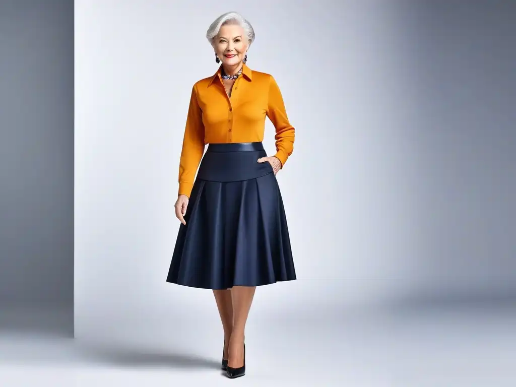 Moda senior: falda versátil para ocasiones elegantes Moda senior inclusiva y diversa: Senior elegante muestra versátil falda en ambiente moderno y chic
