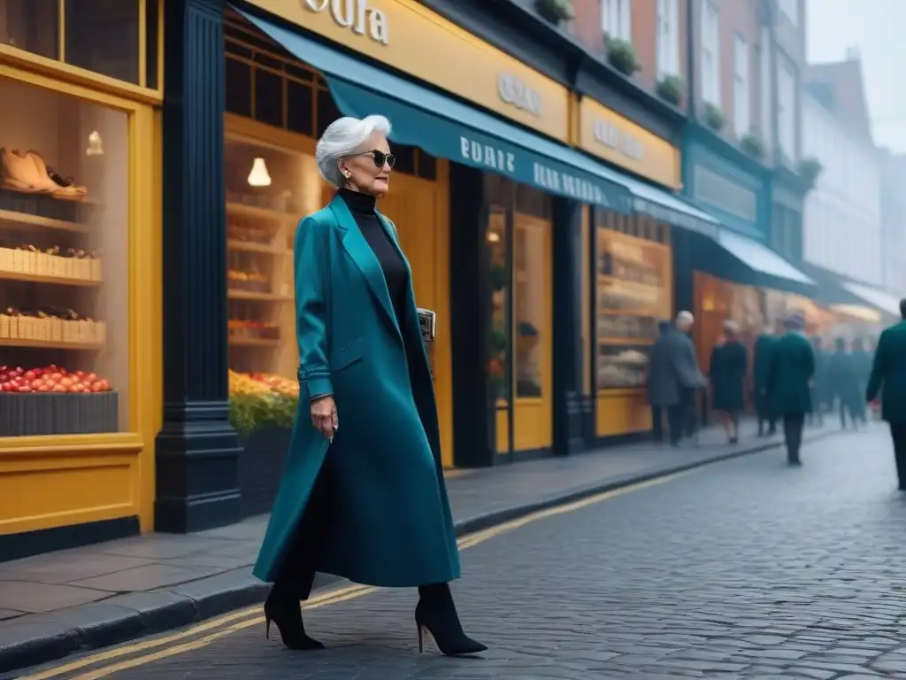 Moda senior: paseo con estilo por la ciudad Moda senior inclusiva y diversa: Mujer mayor elegante caminando por una bulliciosa calle de la ciudad, rodeada de tiendas y cafeterías modernas