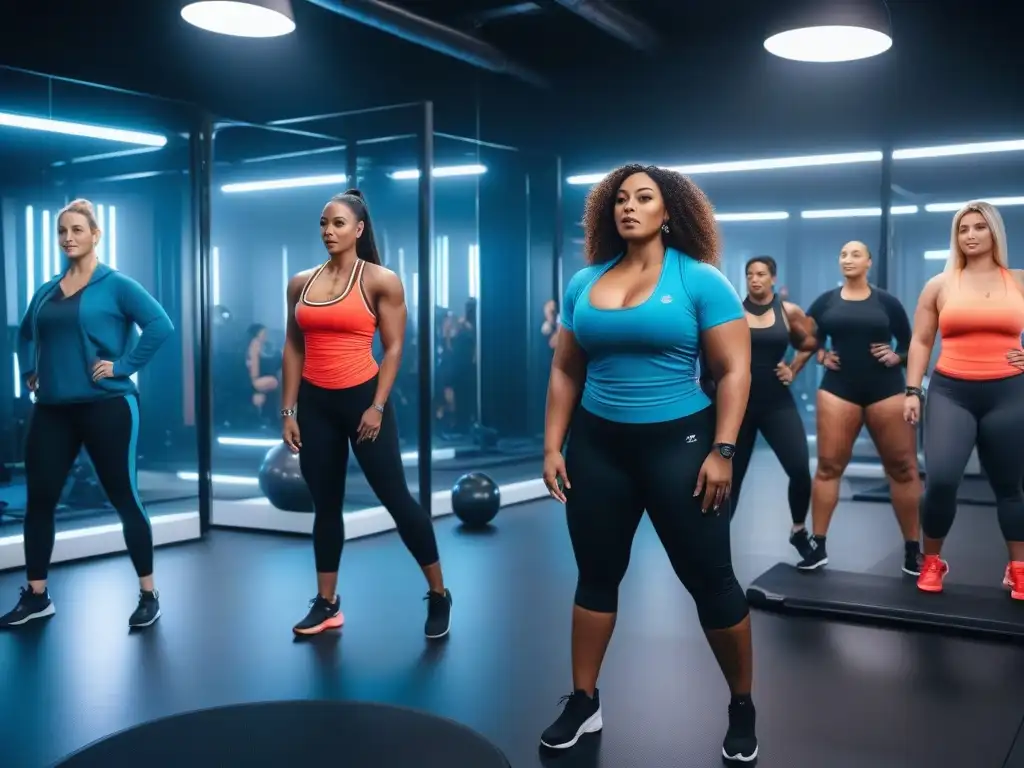 Clase fitness inclusiva: diversidad de cuerpos y estilo en acción Fitness inclusivo para todas las tallas: Grupo diverso en clase de fitness motivadora