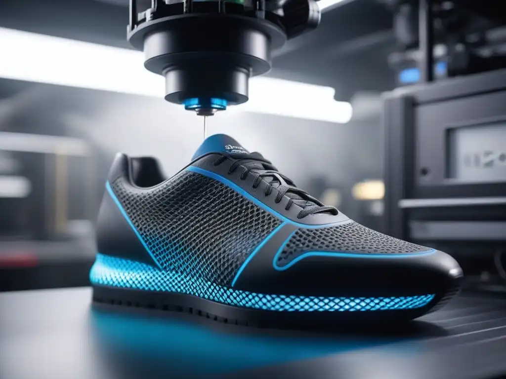 Innovación: 3D printer crea zapato personalizado con precisión Increíble impresora 3D creando zapatos a medida con precisión y detalle futurista