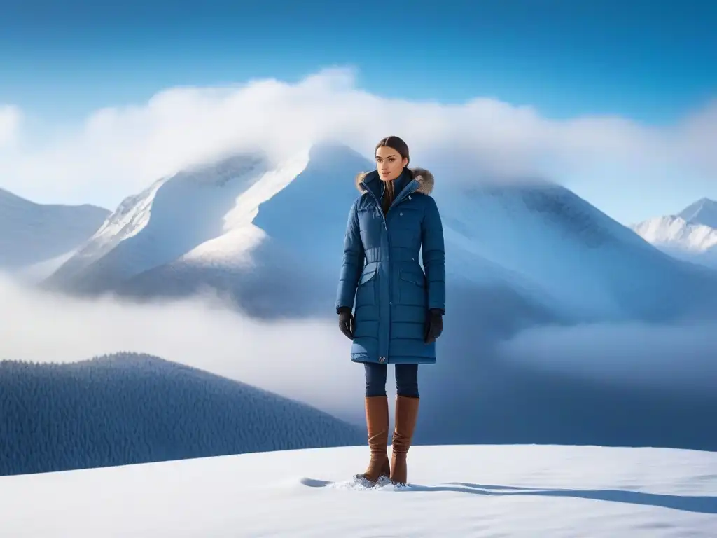 Estilosa altitud: moda invernal para personas altas en la cima nevada Un individuo alto y elegante en la cima nevada de una montaña, vistiendo ropa de invierno para altos con estilo y confianza