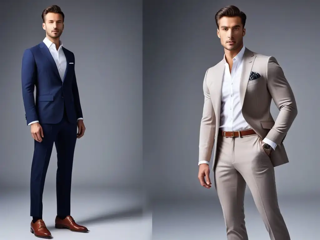 Estilo elegante para personas altas: Outfit versátil que potencia tu altura Un individuo alto y elegante frente a un espejo, vistiendo un conjunto versátil que realza su altura
