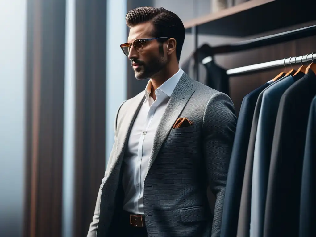 Estilista de moda: outfit versátil para personas altas Un individuo alto viste con estilo en un armario minimalista lleno de ropa elegante en tonos neutros