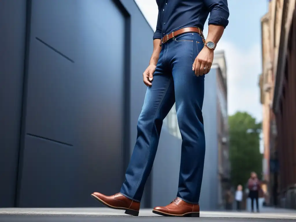 Jeans de alta calidad para hombres altos: sofisticación y estilo urbano Un individuo alto y seguro viste jeans de alta calidad en un entorno urbano moderno