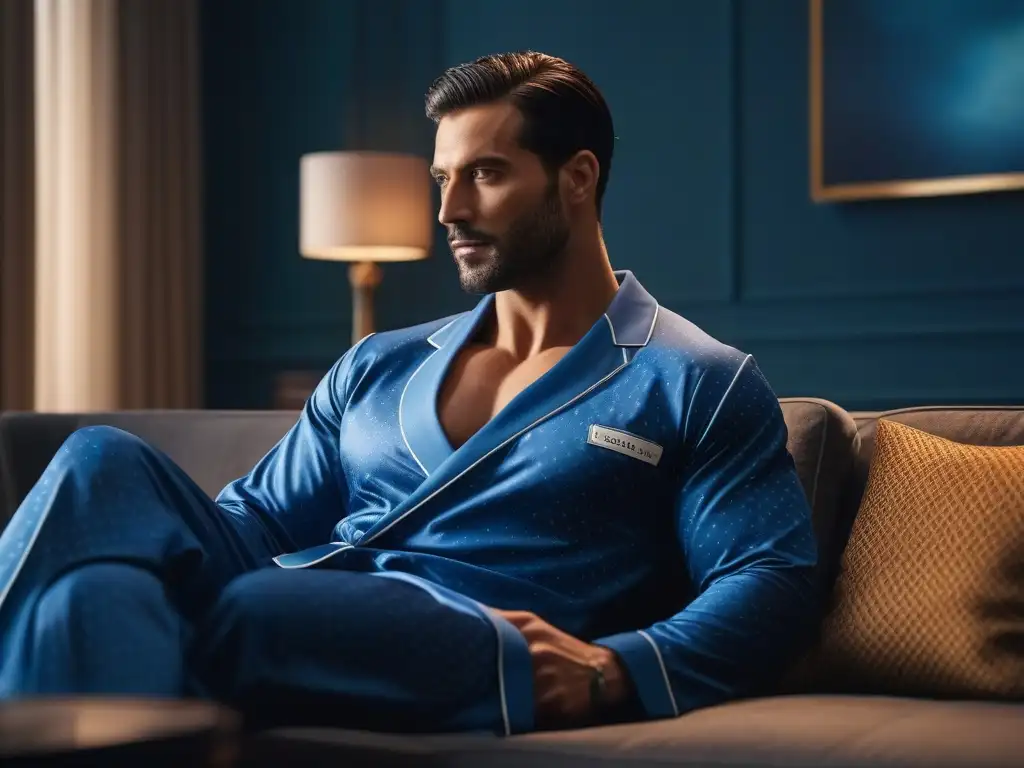 Pijamas elegantes para hombres altos: estilo y comodidad Un individuo elegante y alto en pijamas de lujo, con estilo y comodidad en un salón moderno y lujoso