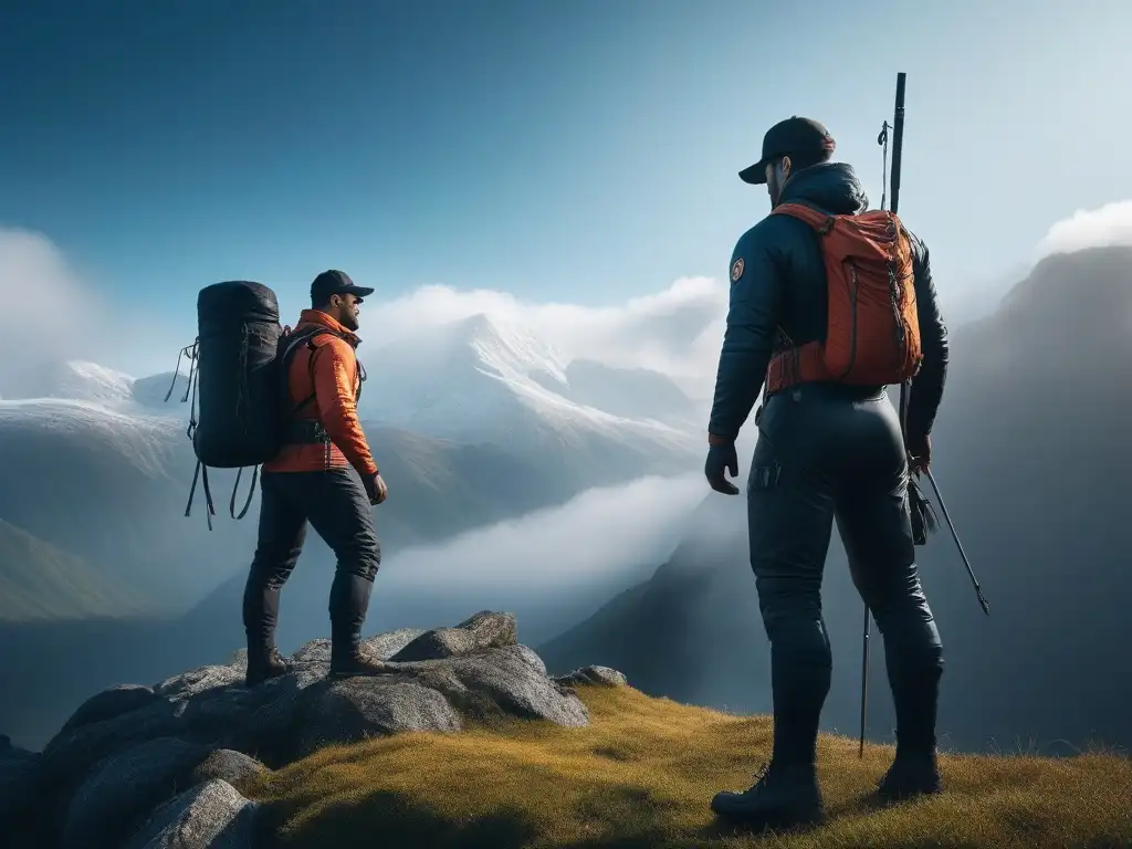 Triunfo en la cima: ilustración detallada de un individuo fuerte y decidido contemplando un paisaje majestuoso desde la cima de una montaña Un individuo musculoso y alto en la cima de una montaña, reflejando fuerza y determinación