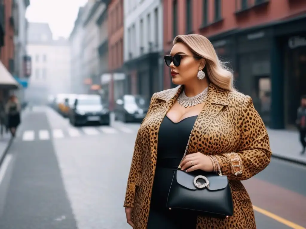 Fashionista curvy: Impacto de accesorios personalizados Una influencer de moda en tallas grandes personaliza su look con accesorios exclusivos, derrochando estilo y elegancia en la ciudad