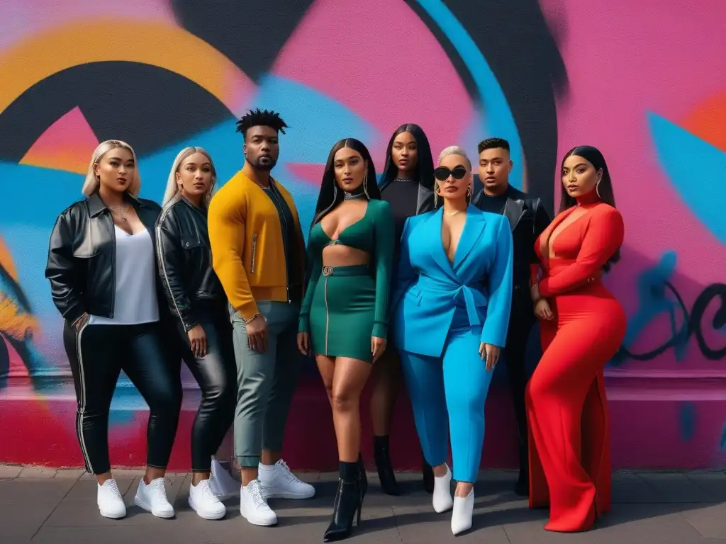 Influencers de moda: diversidad, estilo y empoderamiento Influencers moda diversidad cuerpos: Grupo diverso de influencers posando con estilo en ambiente urbano colorido