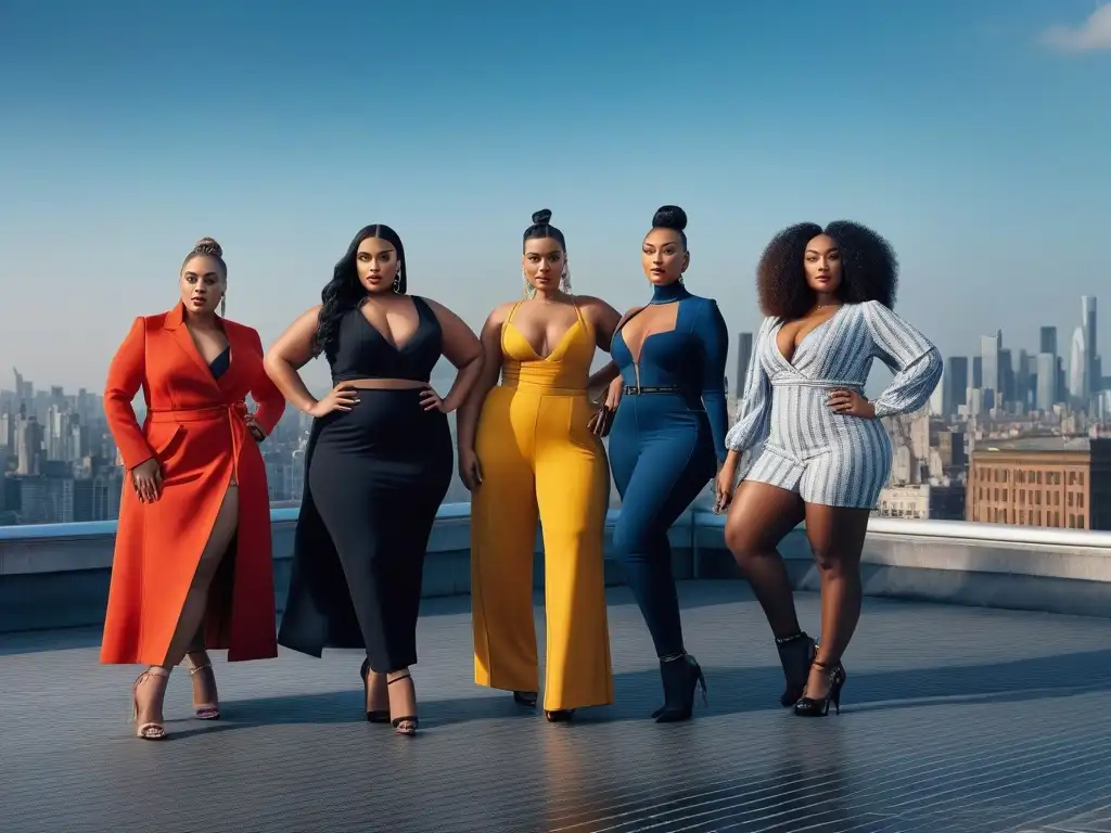 Influencers de moda plus size en la ciudad al atardecer Influencers moda plus size redefiniendo: Grupo diverso en la azotea al atardecer, luciendo outfits únicos y poderosos