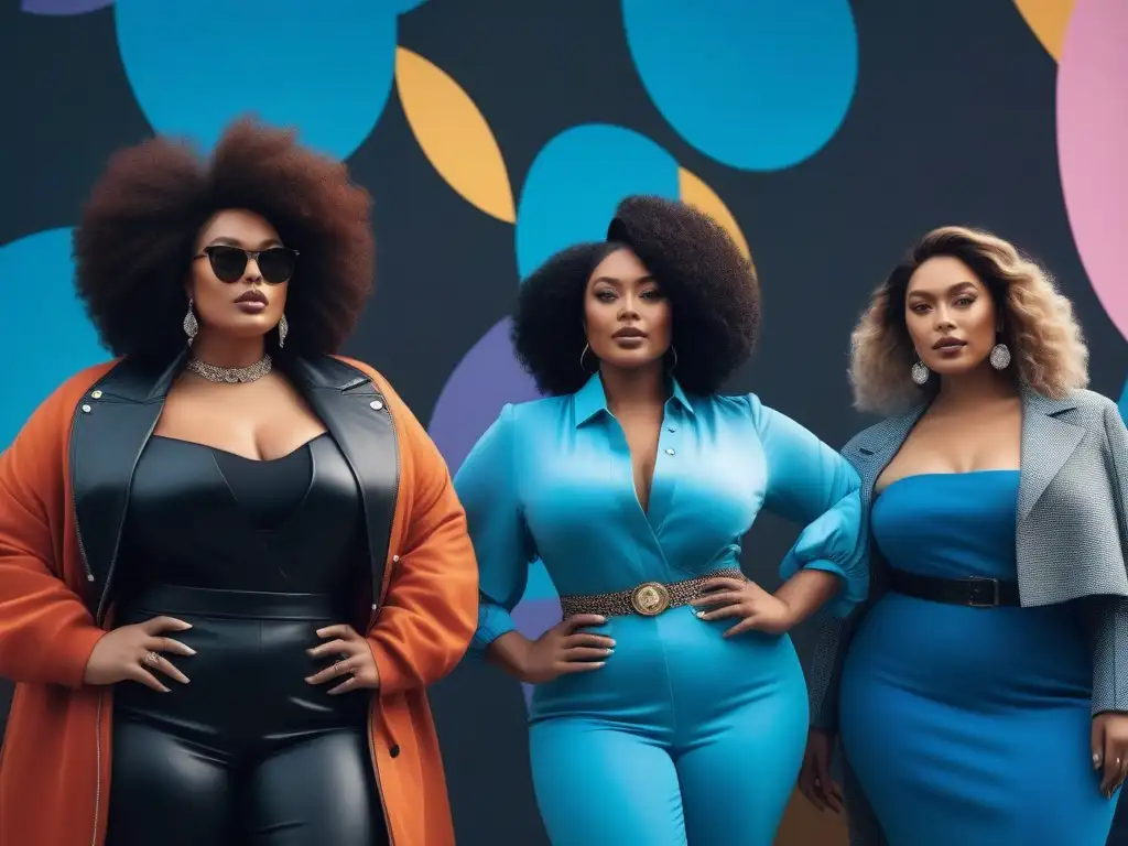 Influencers de moda plus size unidos en empoderamiento y estilo único Influencers moda plus size redefiniendo: Grupo diverso de fashionistas seguras y empoderadas, unidas en estilo y fuerza ante un mural urbano colorido