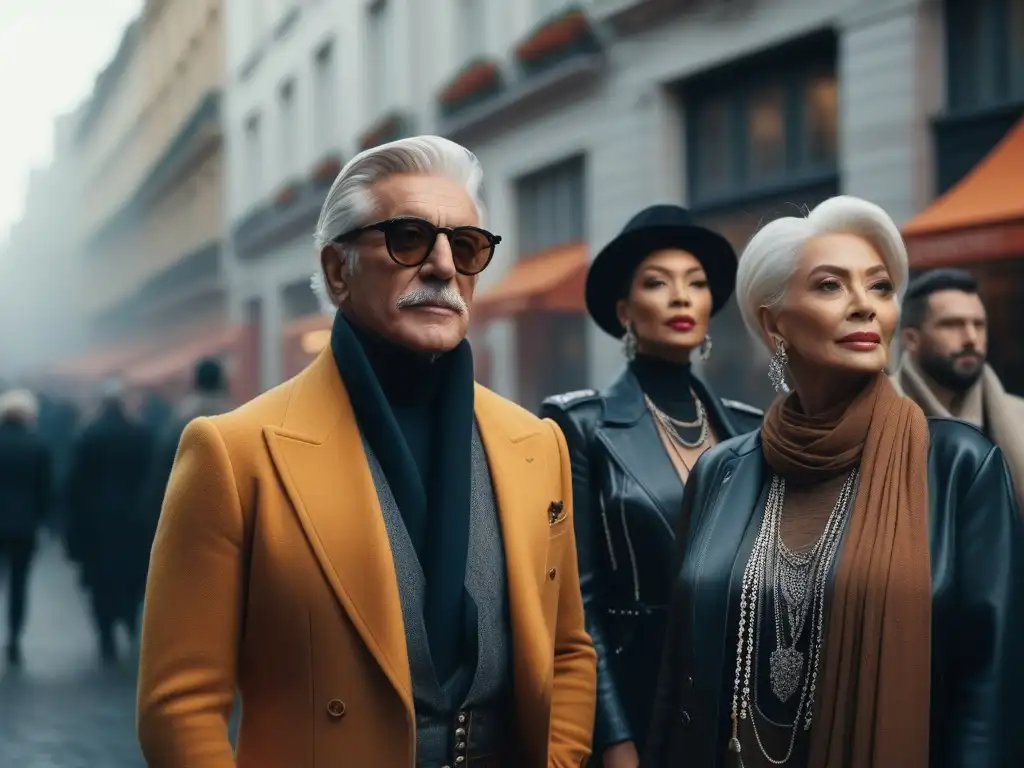 Influencers de moda senior: diversidad y estilo en la ciudad Influencers moda senior diversidad inclusión: Grupo diverso de influencers de moda senior posando con confianza en la ciudad