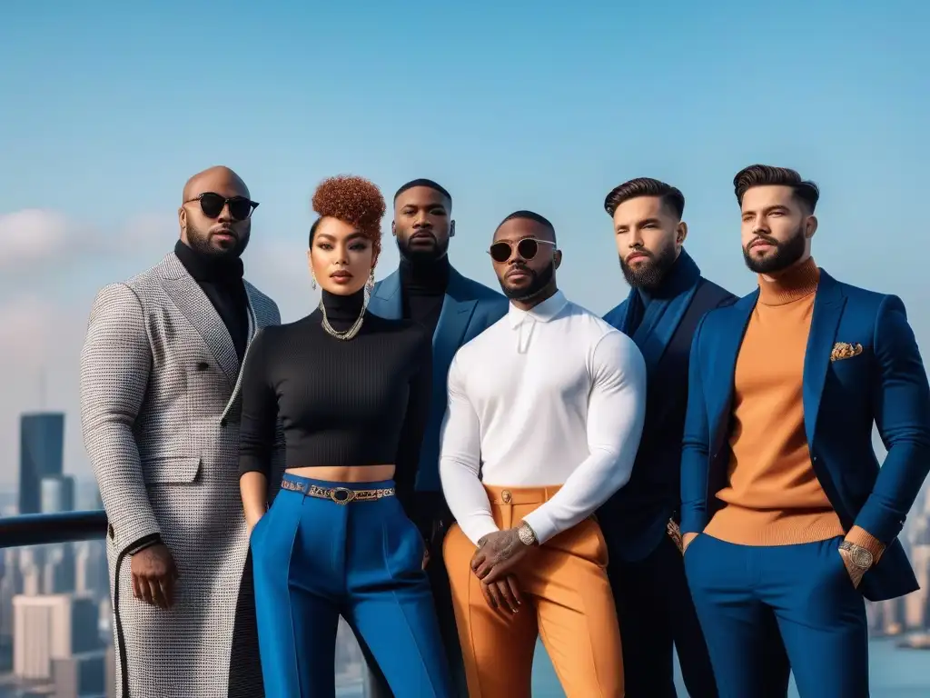 Influencers de moda diversa en ciudad moderna Influencers masculinos de moda inclusiva, unidos y seguros, exhiben estilos únicos en la ciudad