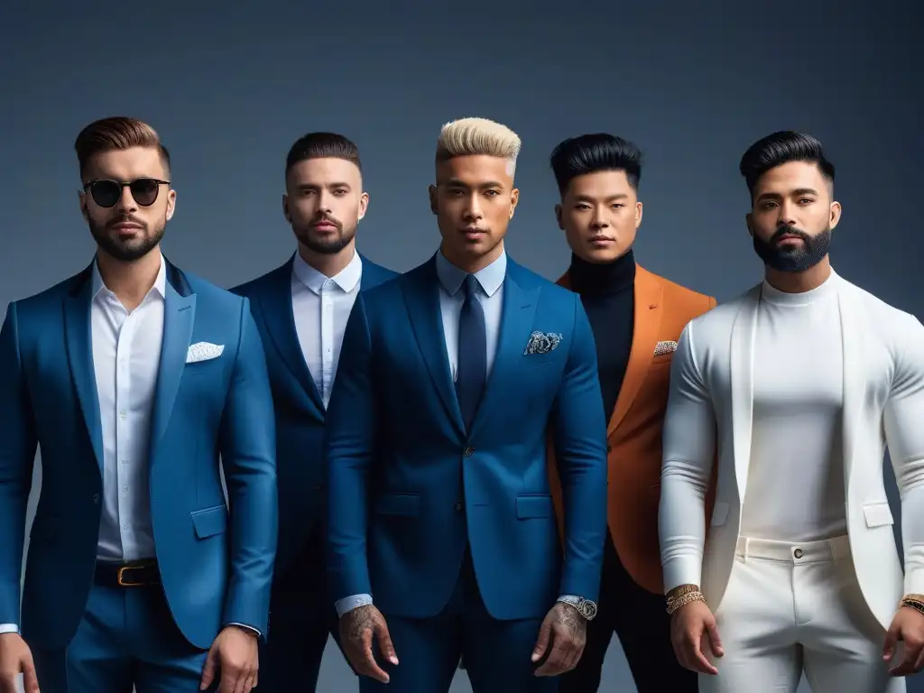 Influencers de moda masculina: diversidad y estilo en la ciudad Influencers masculinos moda inclusiva: Grupo diverso de influencers de moda masculina posando con estilo en entorno urbano