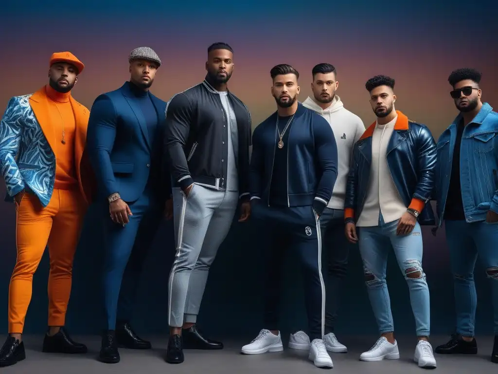 Influencers masculinos en moda inclusiva y moderna Influencers masculinos moda inclusiva posan con confianza en entorno urbano inclusivo y moderno