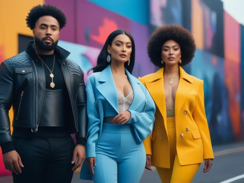 Influencers de moda diversa en entorno urbano futurista Influencers de moda diversa en un escenario urbano futurista con arte callejero colorido, representando la moda inclusiva y las tendencias
