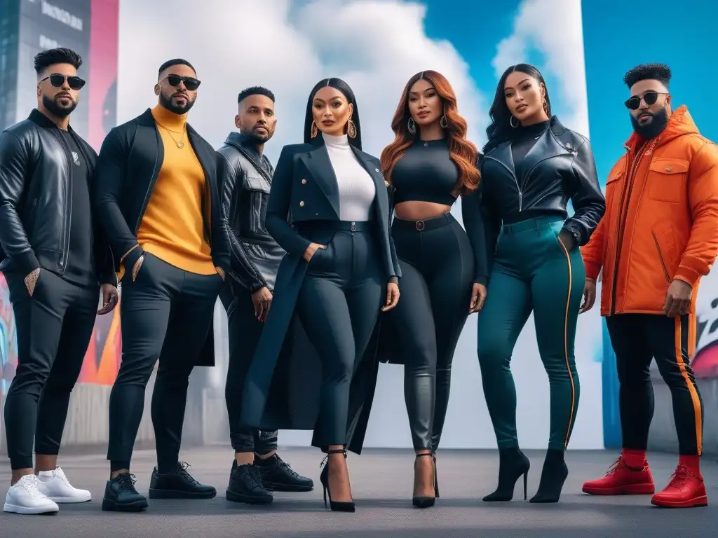 Empoderamiento y diversidad: Influencers unidos en estilo urbano inclusivo Influencers de moda diversa posan con estilo urbano y graffitis coloridos, expresando inclusión y diversidad