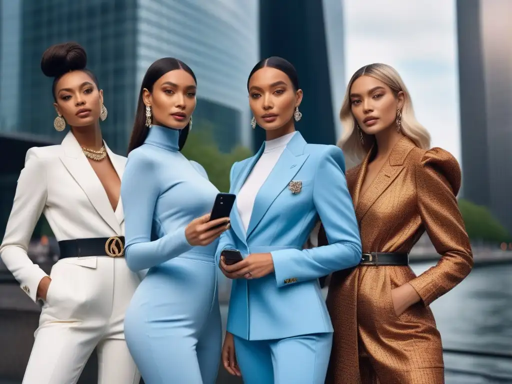 Influencers de moda unidos: diversidad y lujo inclusivo en la ciudad Influencers de moda diversa posan juntos frente a una ciudad moderna, representando la moda inclusiva y las redes sociales