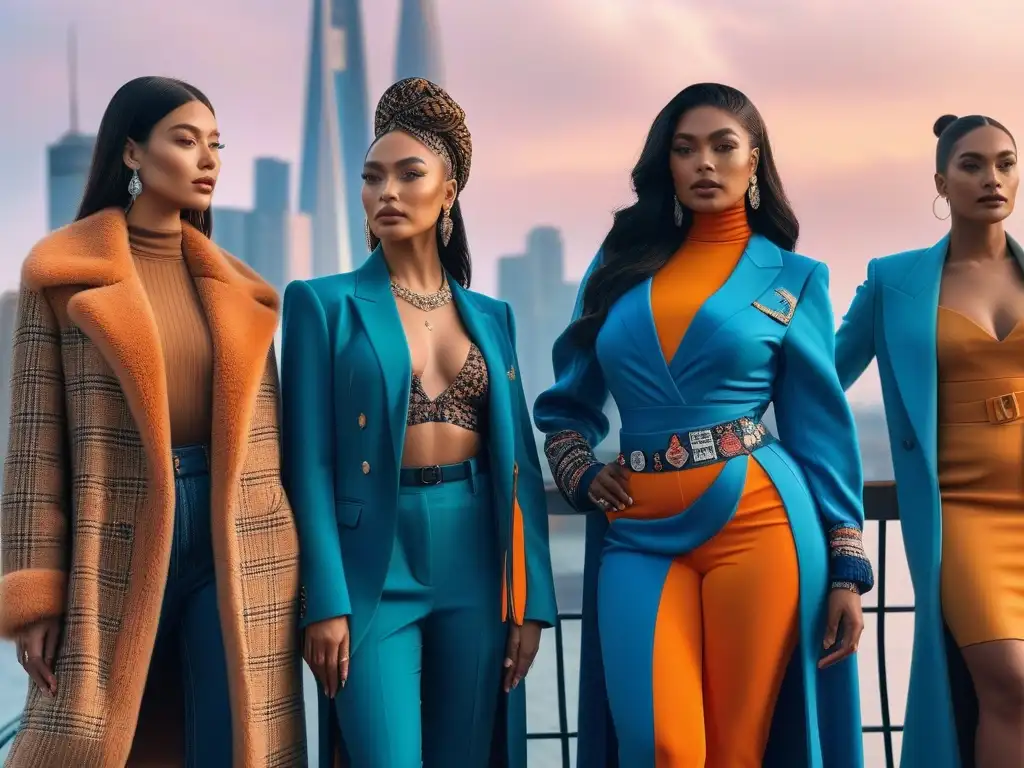 Influencers de moda celebran diversidad en la ciudad futurista al atardecer Influencers de moda celebran diversidad en ciudad futurista al atardecer