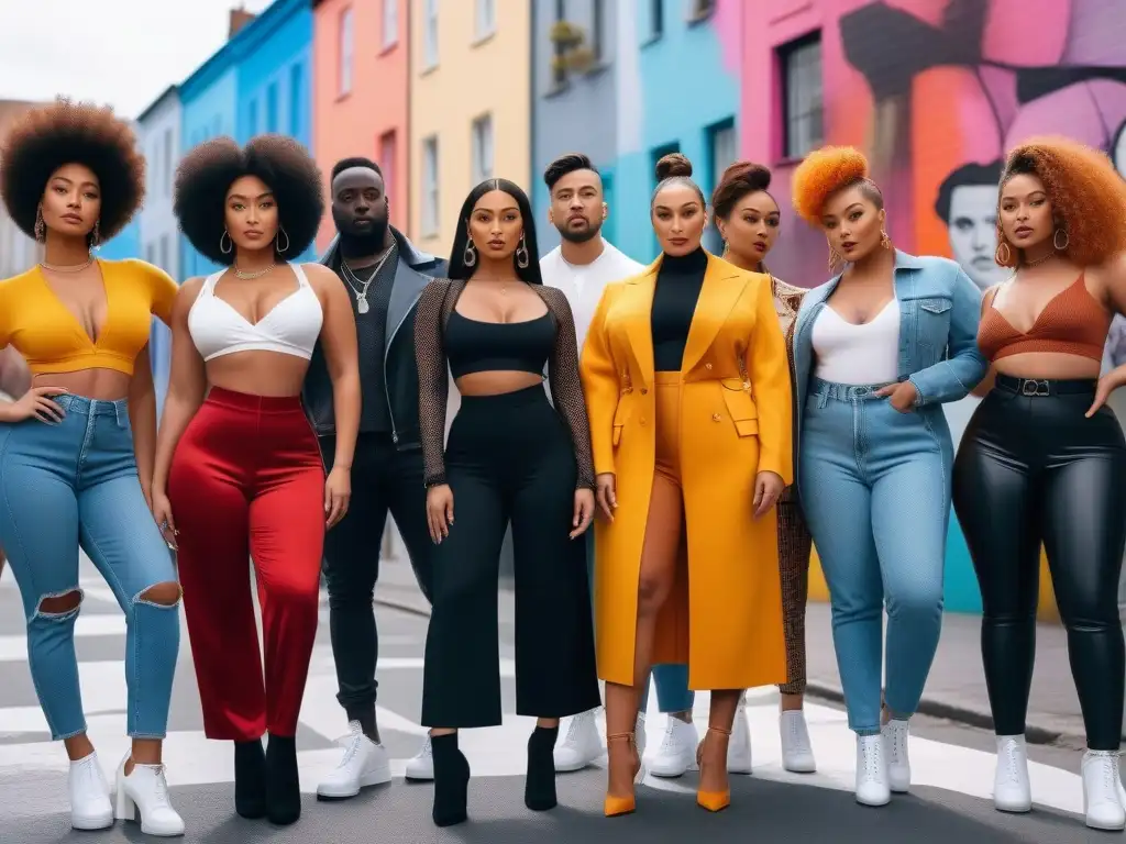 Influencers diversos en ciudad urbana, moda inclusiva y empoderamiento Influencers de moda diversidad cuerpos posando con confianza en escenario urbano colorido