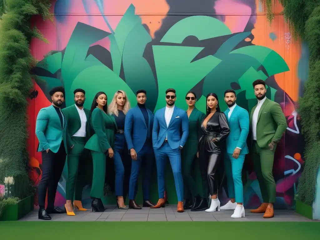Influencers eco-friendly posan con mensajes positivos Influencers de moda ecoconsciente posan frente a un mural colorido, transmitiendo unidad y empoderamiento