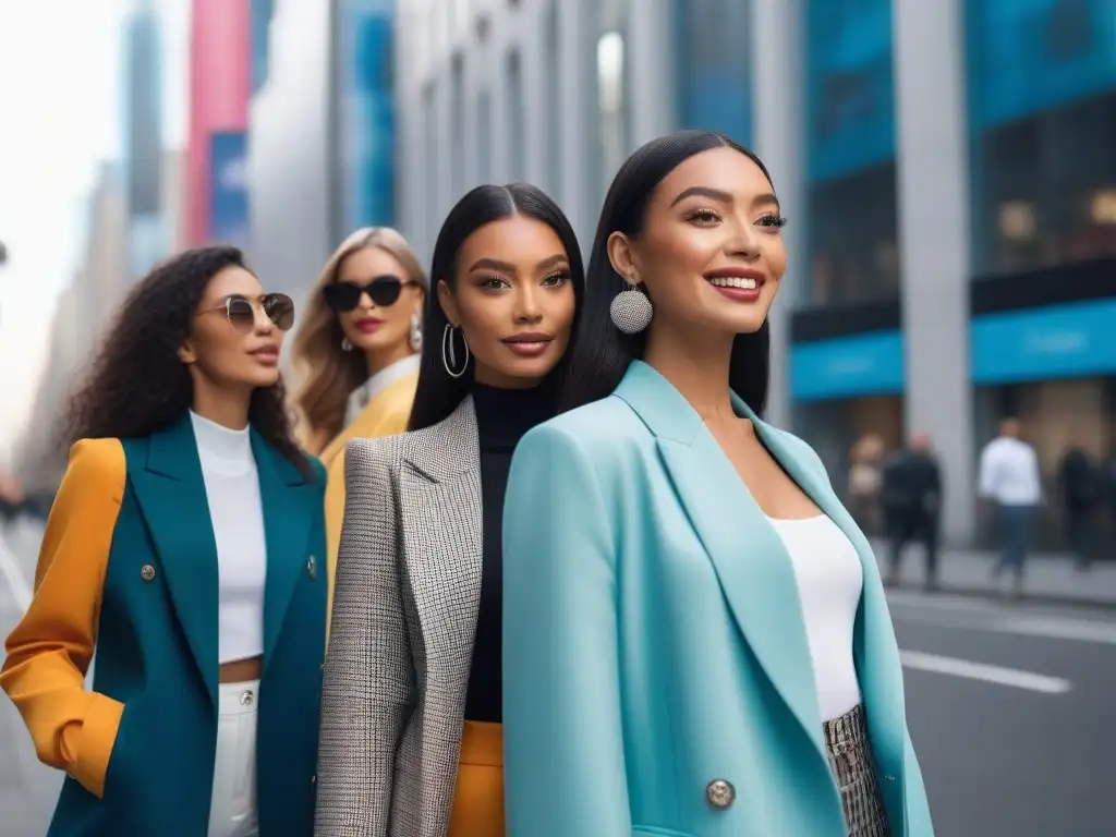 Influencers petite empoderadas frente a la ciudad Influencers petite redefiniendo moda: Grupo diverso de influencers frente a la ciudad, mostrando estilo y empoderamiento