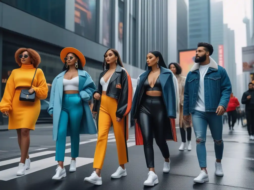 Influencers empoderados en la ciudad: diversidad y estilo único Influencers de moda inclusiva y cambio, caminan con confianza en la bulliciosa ciudad, exhibiendo diversidad y estilo único
