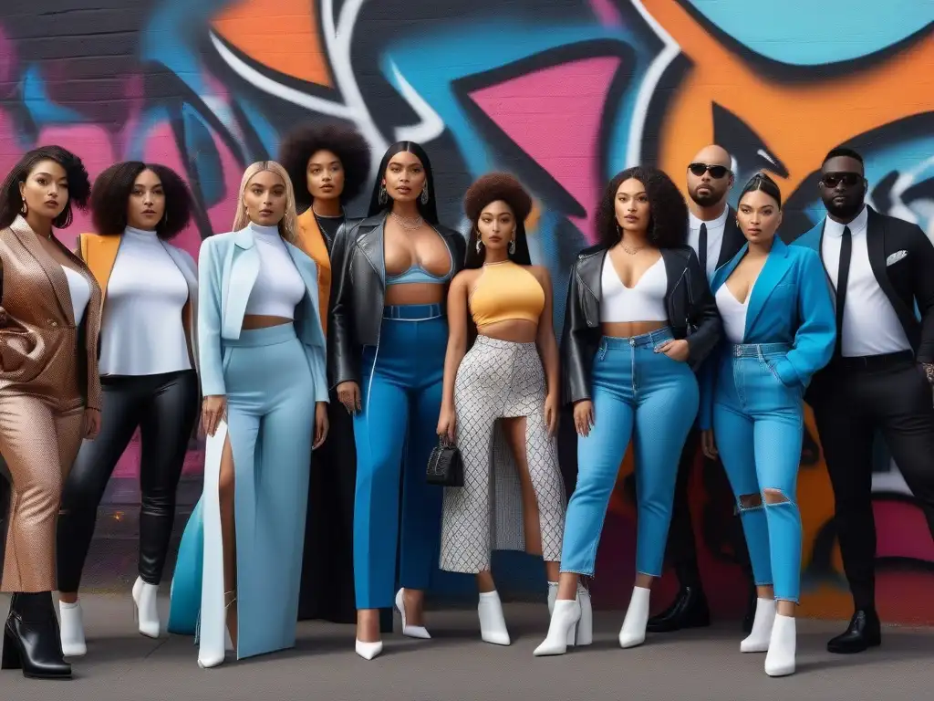 Influencers de moda: diversidad, estilo y poder en la ciudad Influencers de moda inclusiva en poses seguras, mostrando diversidad en outfits modernos frente a grafitis urbanos