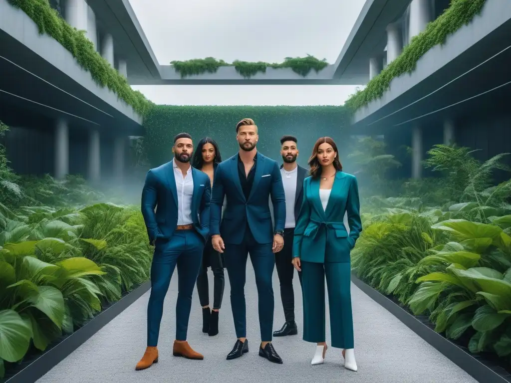 Influencers de moda sostenible en entorno urbano futurista Influencers de moda sostenible inclusiva posan con estilo en entorno urbano futurista