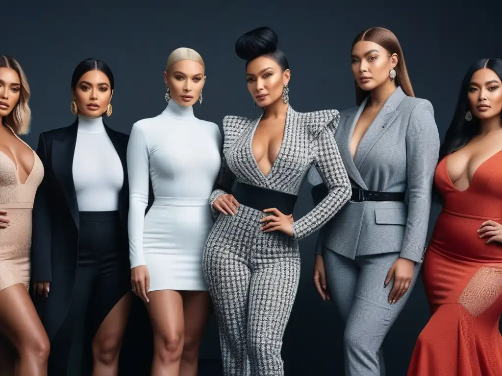 Influencers de moda diversos mostrando empoderamiento y diversidad Influencers de moda de diversas tallas y fondos posando con confianza, transmitiendo inclusividad y empoderamiento en la industria