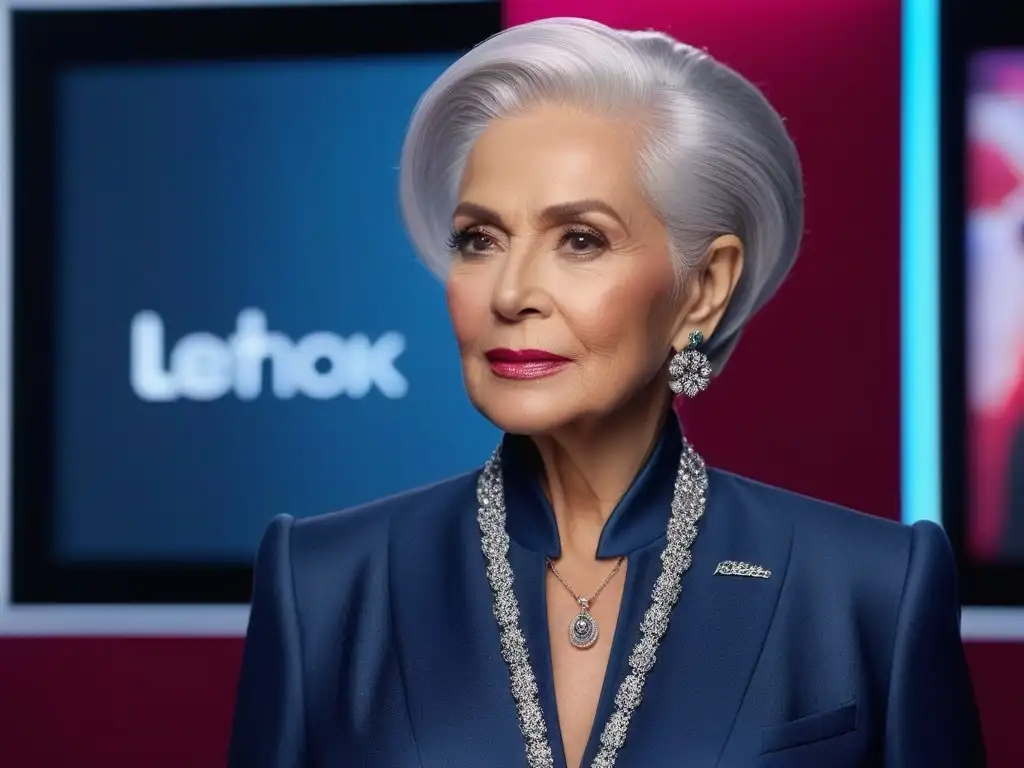 Moda senior: diversidad y elegancia en influencers Influencers moda senior diversidad inclusión: Mujer mayor elegante frente a pantalla digital con collage de imágenes de moda diversa y colorida