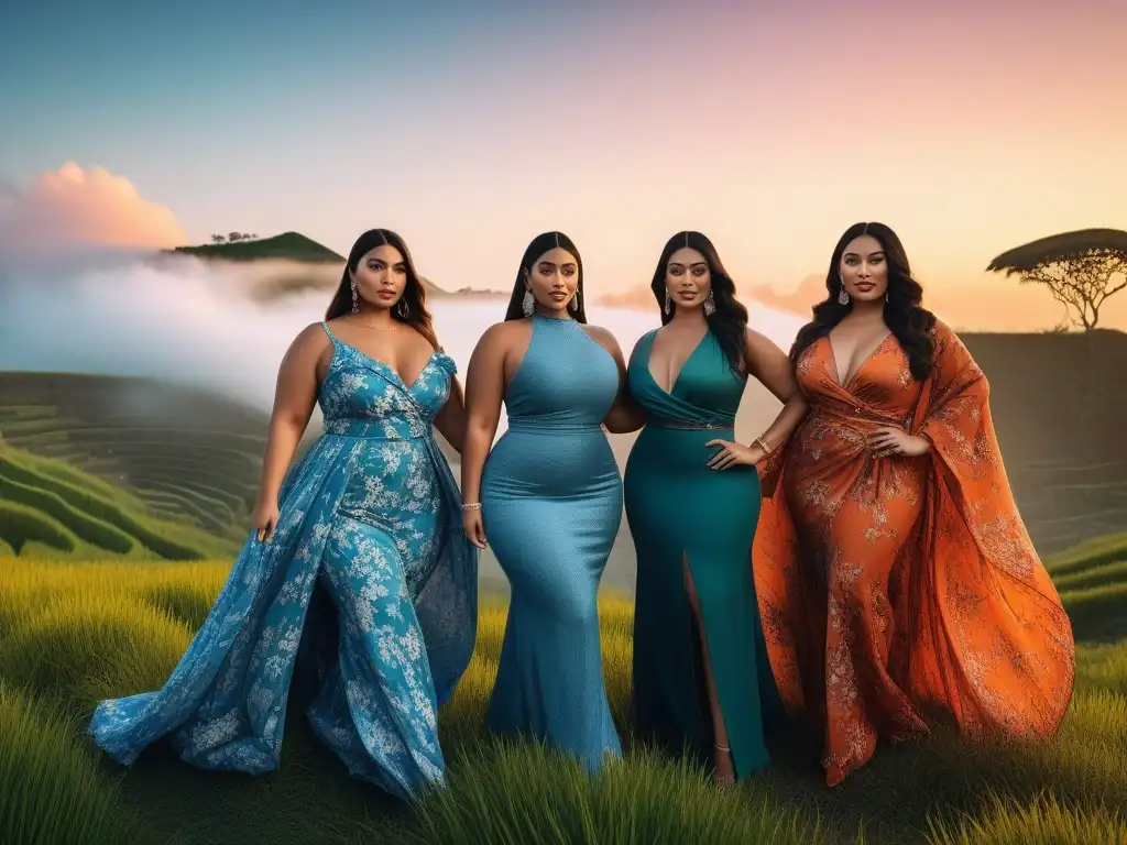 Influencers de Tallas Plus en Bali: Estilo vibrante al atardecer Influencers de tallas plus lucen moda Balinesa moderna y vibrante en atardecer de Bali, irradiando confianza y alegría