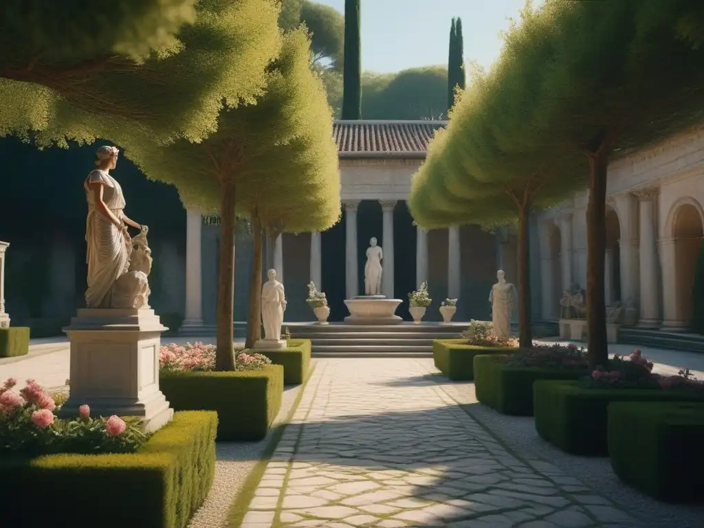 Esplendor romano en villa con estatuas y jardines Influencia destinos históricos moda: Escena romana con estatuas, flores, figuras y cipreses en un patio de villa