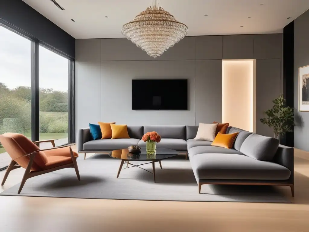 Diseño minimalista y funcional en sala de estar elegante La influencia del mobiliario en la percepción del espacio: sala minimalista con elegancia y funcionalidad