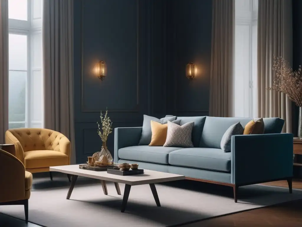 Salón moderno y minimalista con sofá contemporáneo y detalles geométricos Influencia del mobiliario en la percepción del espacio minimalista y moderno