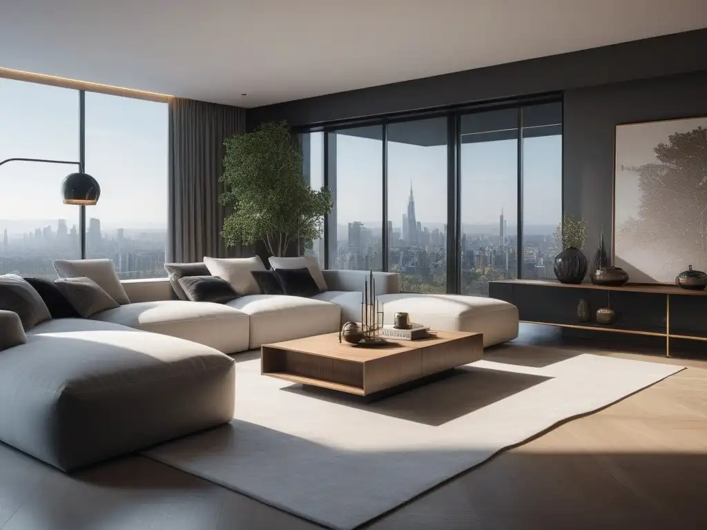 Sala moderna y lujosa con mobiliario de diseñador y vista a la ciudad Influencia del mobiliario de diseño en la percepción del espacio: Sala moderna con toques de lujo, ventanales y sofá seccional