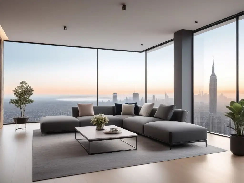 Salón moderno con muebles de diseñador: espacio abierto y luminoso Influencia del mobiliario de diseño en la percepción del espacio de una sala minimalista y elegante con mobiliario de diseñador y vista a la ciudad