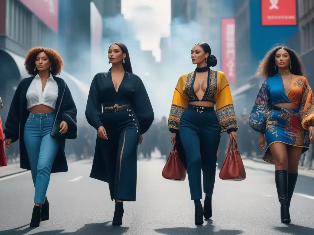 Empoderadas mujeres en moda urbana: fusión moderna y tradicional Influencia de movimientos feministas en la moda contemporánea: Mujeres empoderadas caminando por la ciudad con estilos modernos y tradicionales