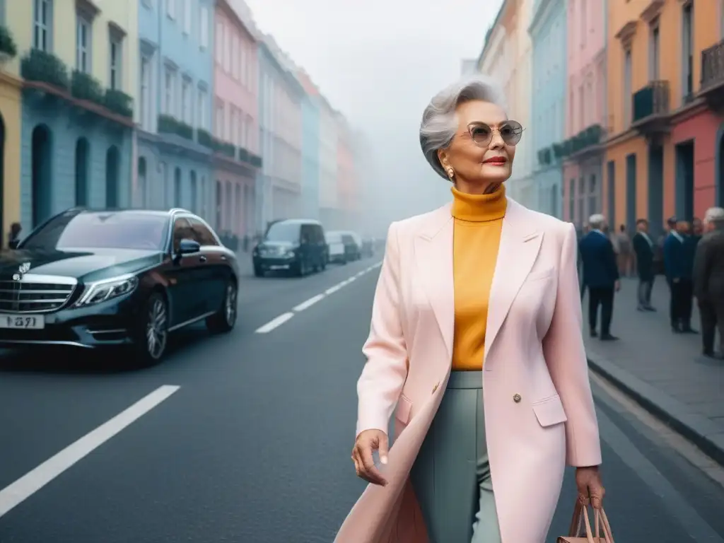 Estilo y confianza: mujer mayor elegante caminando por la ciudad Influencia psicología color moda senior: Mujer mayor elegante caminando confiada por la ciudad, vistiendo tonos pastel que realzan su piel