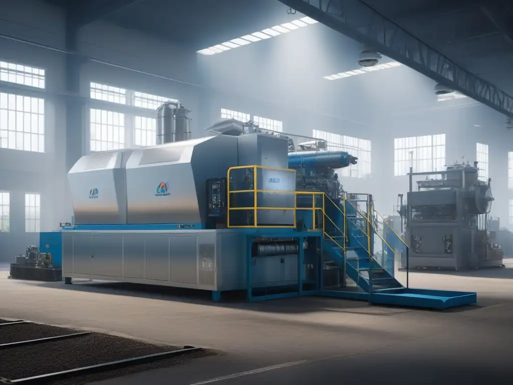 Revolutionary textile recycling machine transforms children's clothing Innovaciones tecnológicas en moda infantil: Avanzada máquina reciclando ropa infantil en fábrica luminosa, ingenieros supervisan con determinación