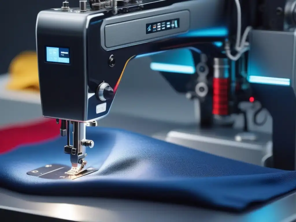 Robótica costura de moda infantil: fusión tecnológica y estilo Innovaciones tecnológicas en moda infantil: Máquina robótica cosiendo colorida ropa infantil en un entorno futurista y digital