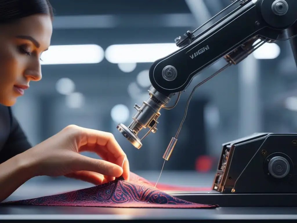 Robótica de precisión: costura futurista en moda infantil Innovaciones tecnológicas en moda infantil: Brazo robótico cosiendo prendas infantiles de forma precisa y sofisticada en un entorno futurista