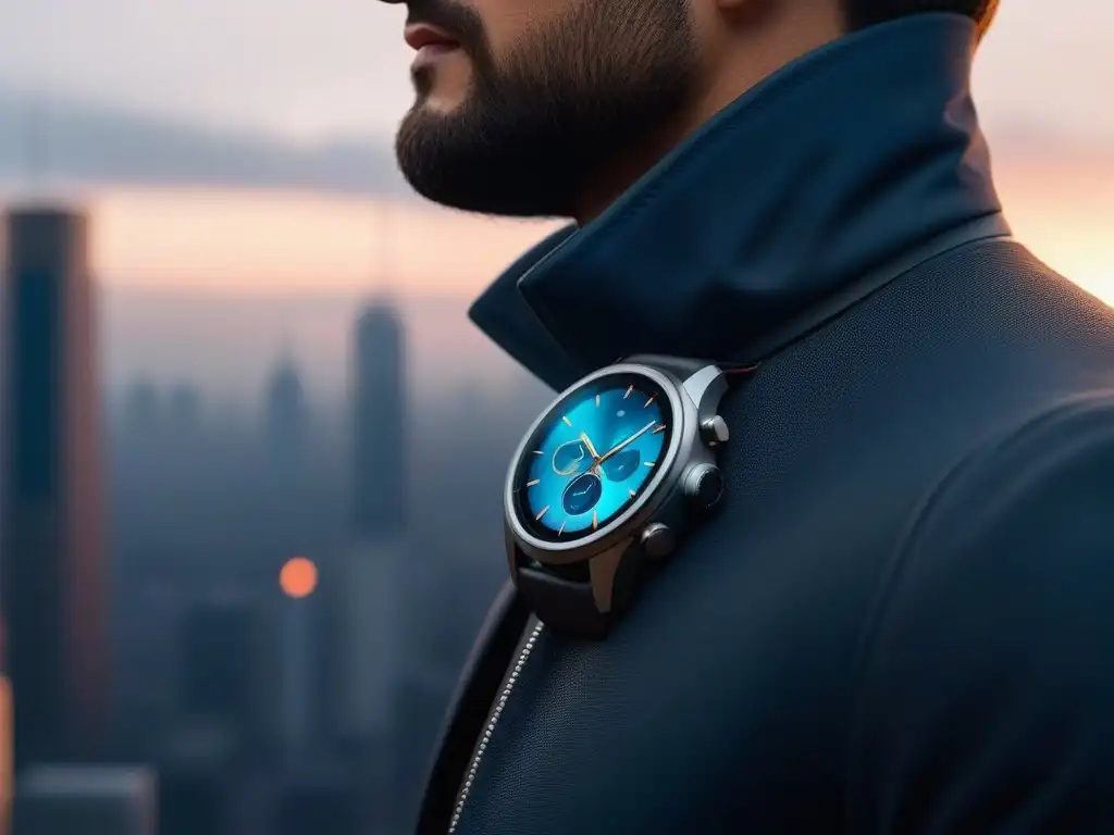 Reloj inteligente de lujo con holograma personalizable en ciudad futurista Innovaciones wearables moda inclusiva: Smartwatch futurista de lujo con holograma personalizable, en ciudad al atardecer