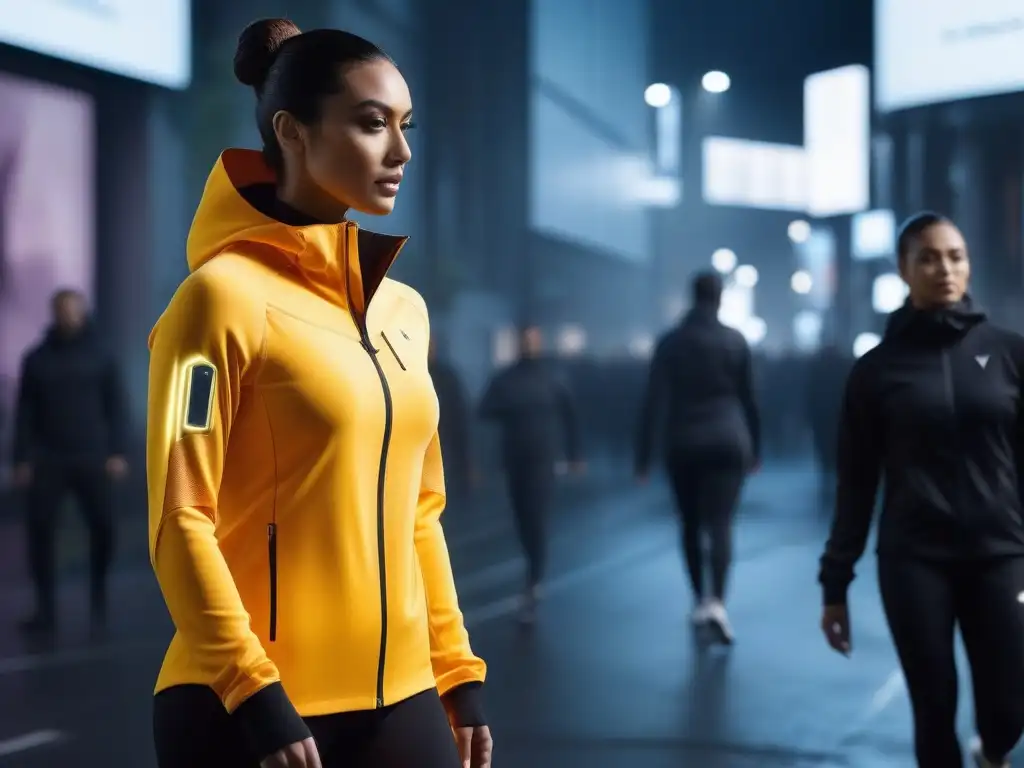 Chaqueta de alta tecnología para un estilo de vida activo Un innovador jacket de alta tecnología con sensores integrados, iluminando la salud en actividades urbanas