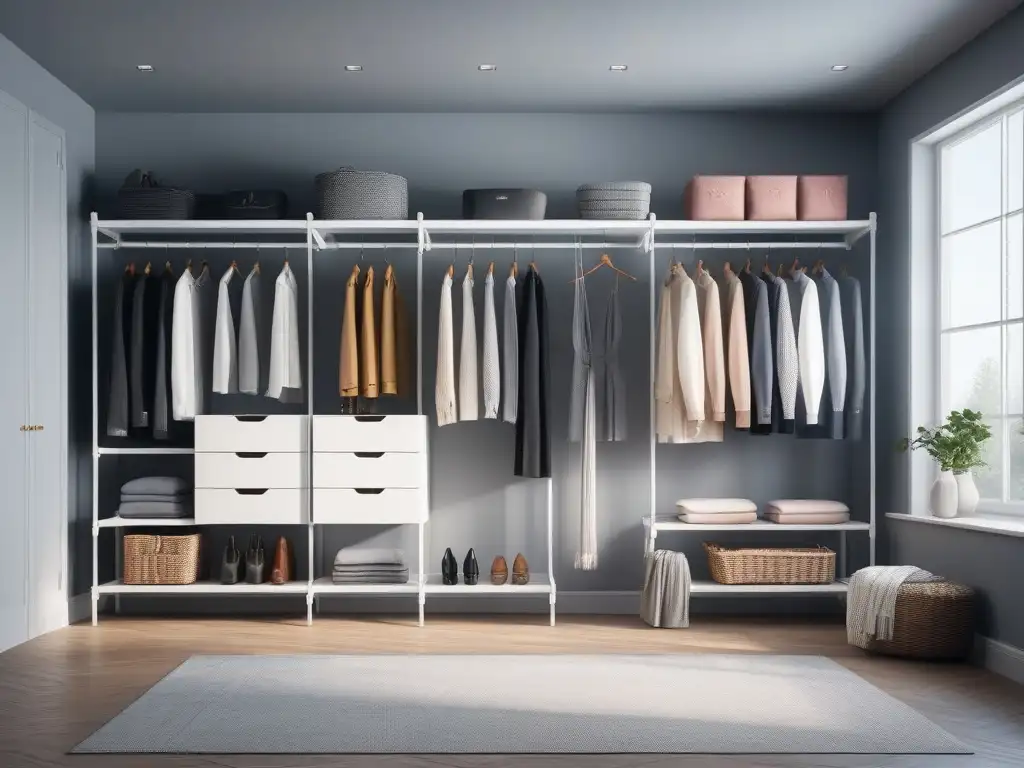 Armario moderno y vibrante para ropa plus size Un innovador sistema de organización de armario para tallas especiales en un espacio luminoso y minimalista